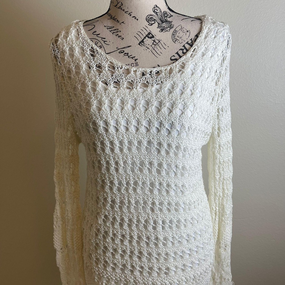 Peck & Peck Crochet Knit Long Sleeve Dress Cream White Sheer Overlay Size M - Picture 4 of 7
